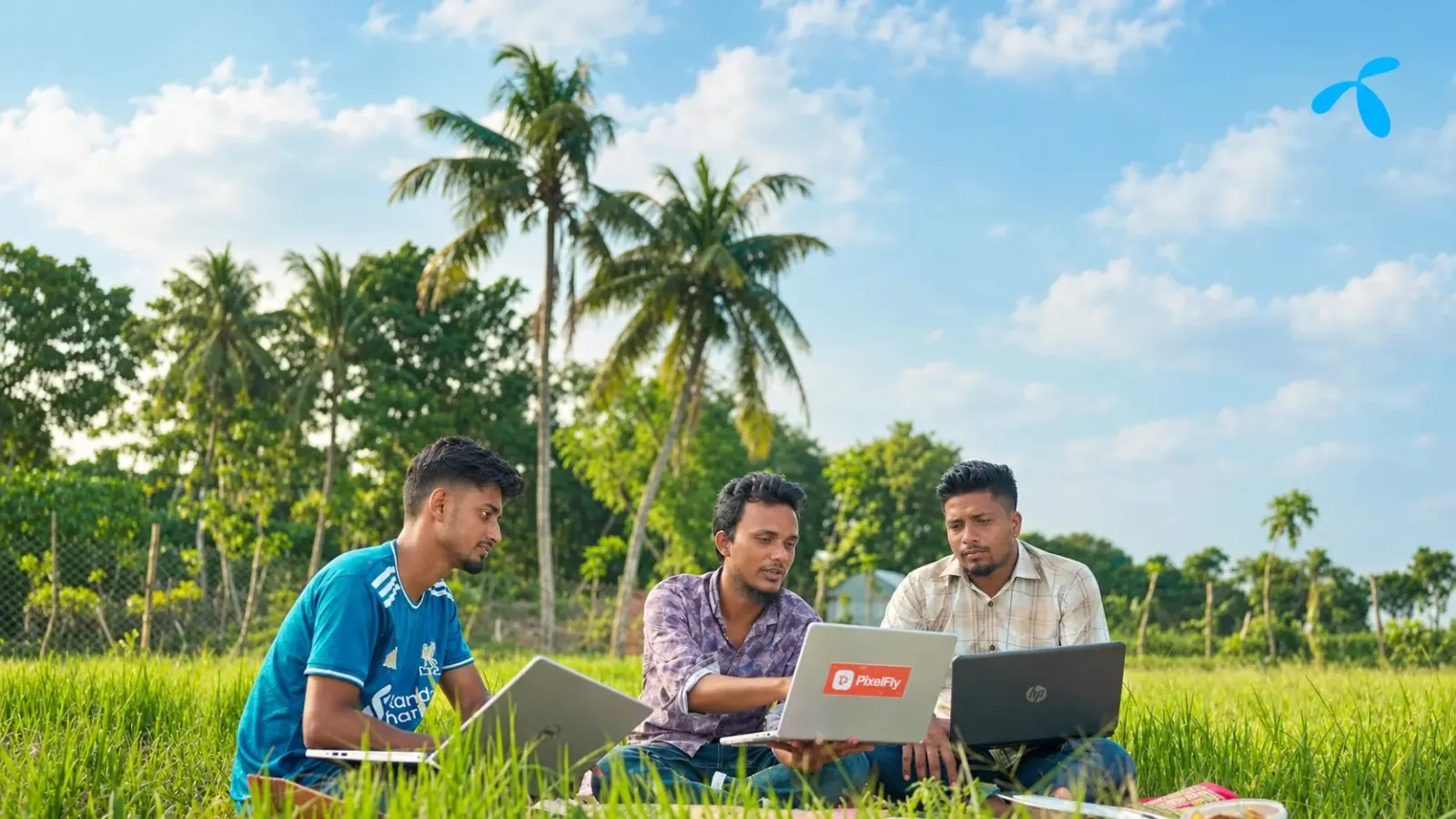 The PixelFly team working outdoors in Jashore, in Grameenphone's documentary